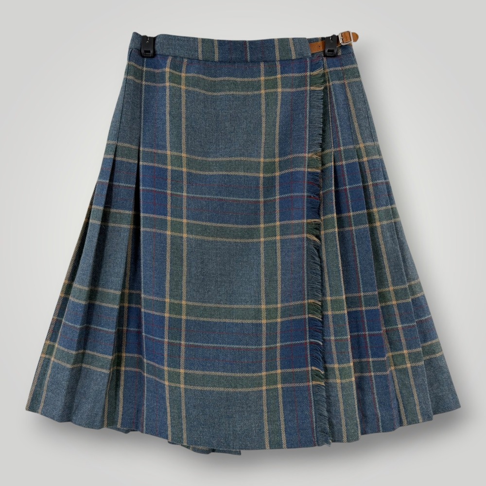 Lauren Ralph Lauren Wool Plaid Pleated Kilt Wrap Skirt Blue Green 8P Petite